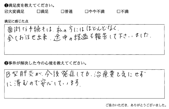 面倒な手続きは、私の方にはほとんどなく、全てお任せ出来、途中の経過も報告して下さいました