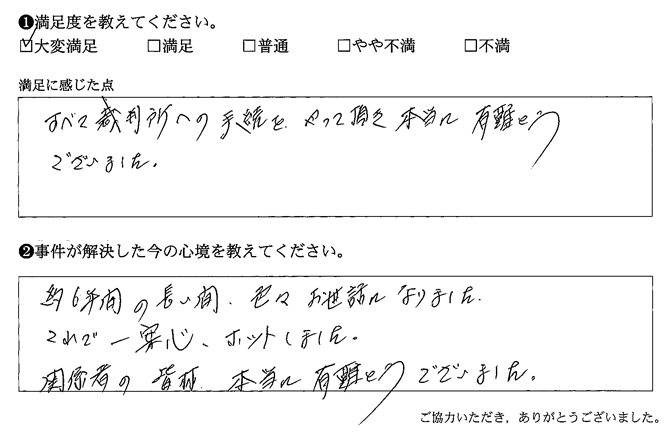 すべて裁判所への手続きをやって頂き本当に有難うございました