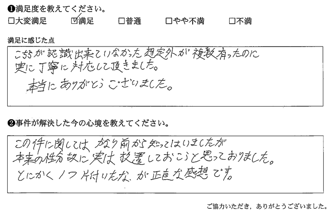 こちらが認識できていなかった想定外が複数有ったのに、実に丁寧に対応して頂きました