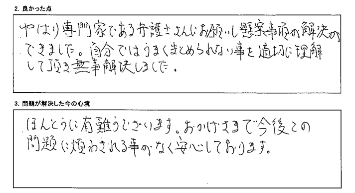 弁護士さんにお願いし懸念事項が解決ができました